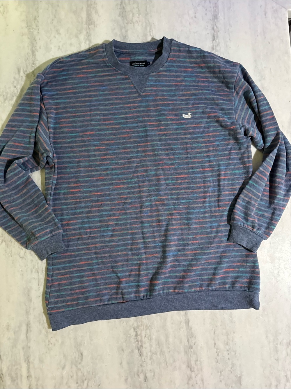 Southern Marsh Oversized Striped Crewneck Sweater w Thumbholes Blue Multicolor S